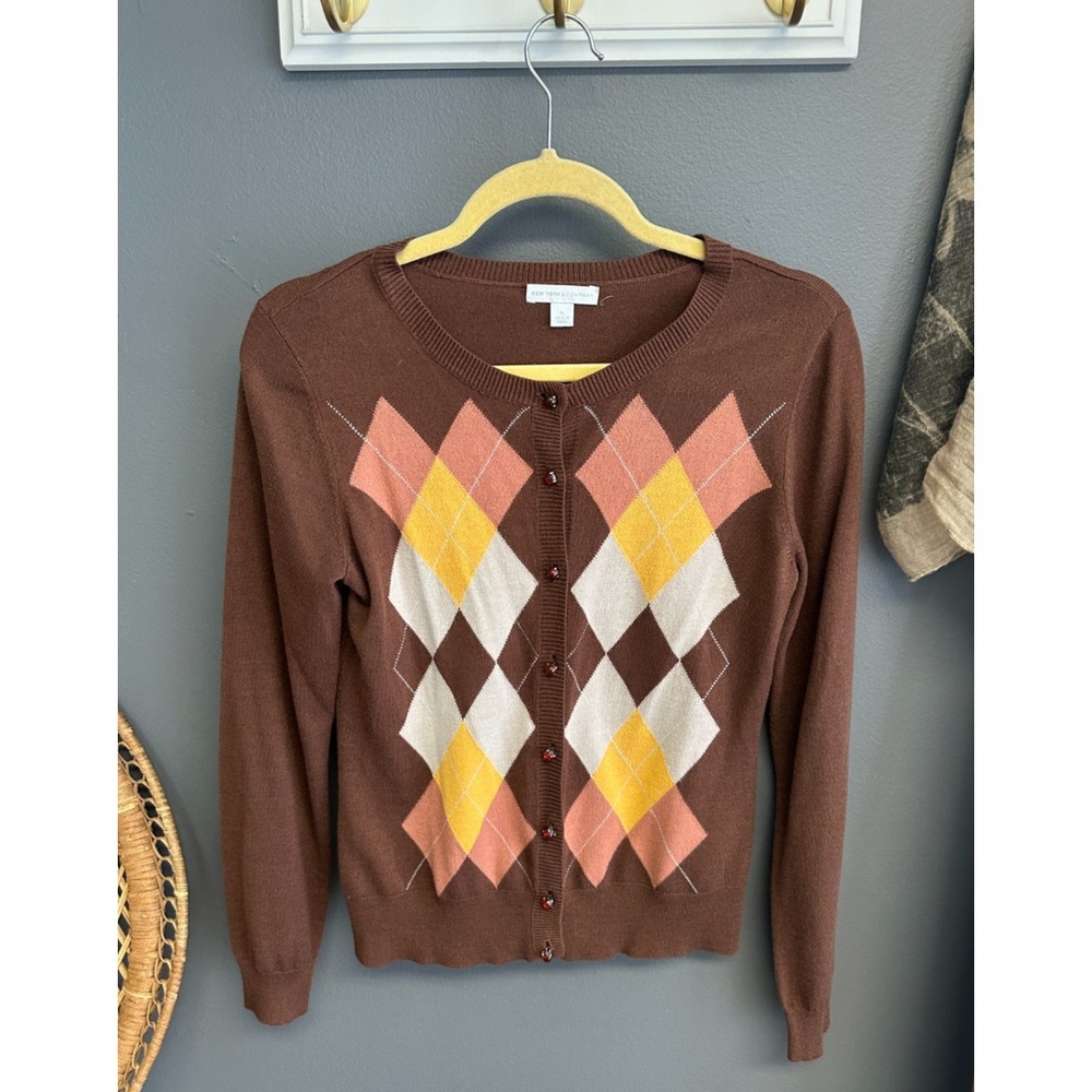 New York & Co Womens‎ M Argyle Knit Cardigan Sweater Long Sleeve Brown Retro Y2K
